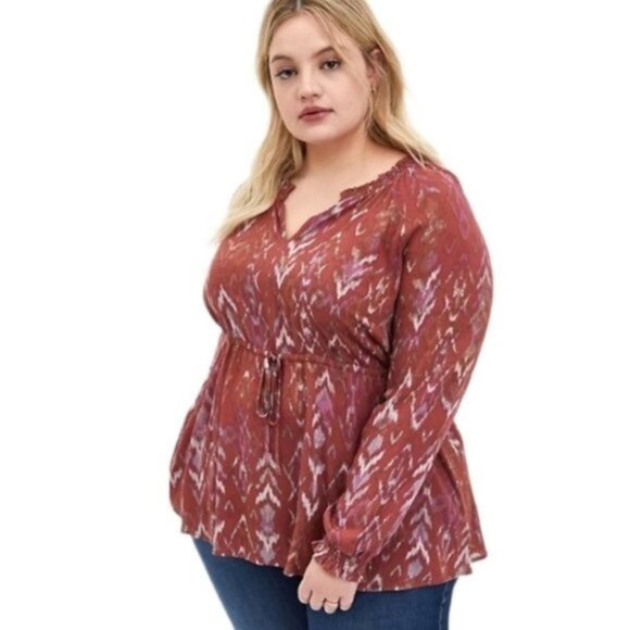 NWT Torrid Red Ikat Gauze Peasant Blouse‎ - Picture 1 of 8